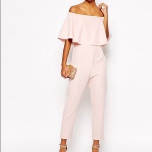 ASOS pink off the shoulder bardot jumpsuit